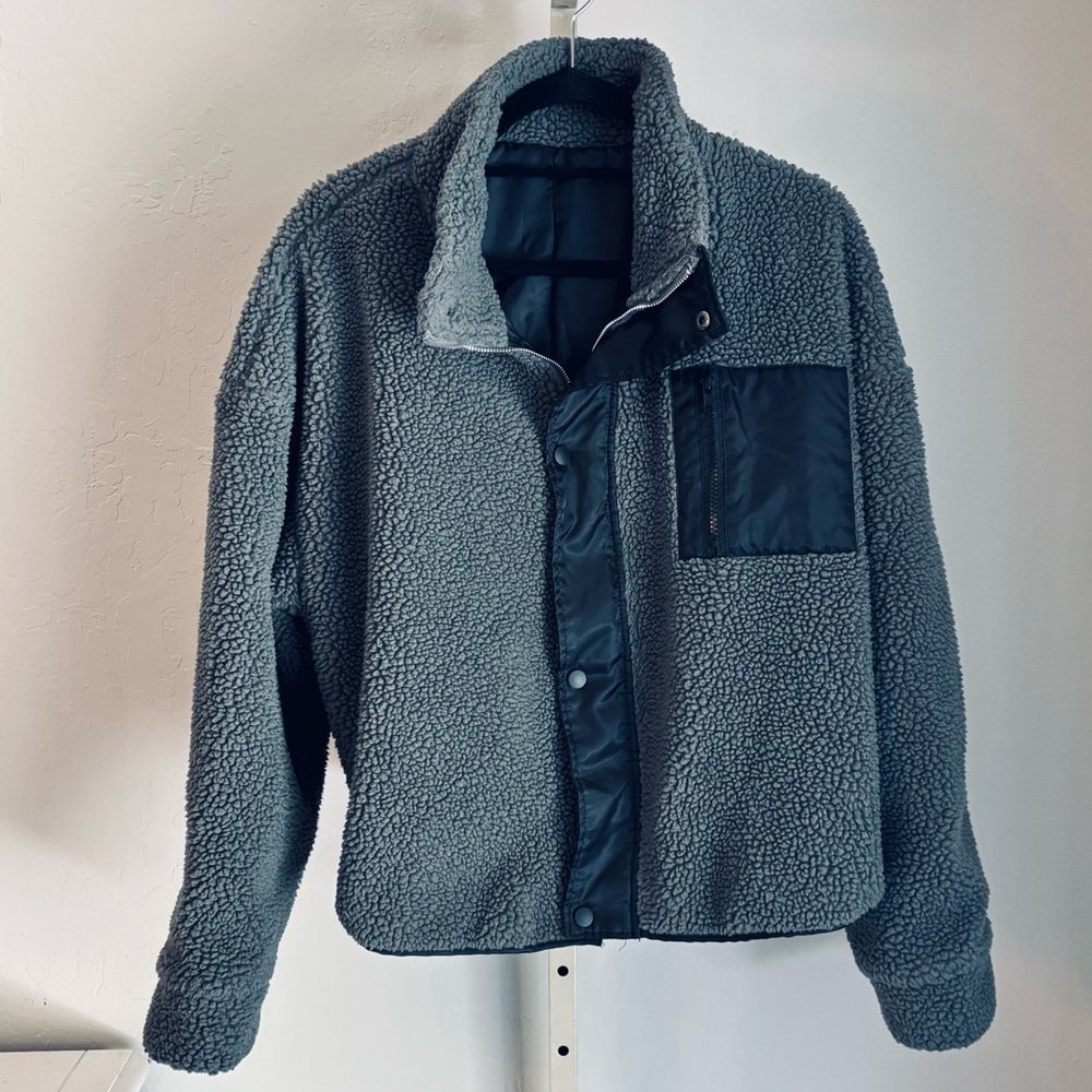 Dazy Women’s Teddy Sherpa Zip Front Oversized Jacket Charcoal Gray, XL